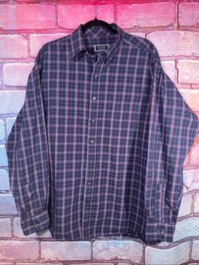 Club Room Performance Men’s 17 17.5 Blue Red Plaid Button Down Shirt